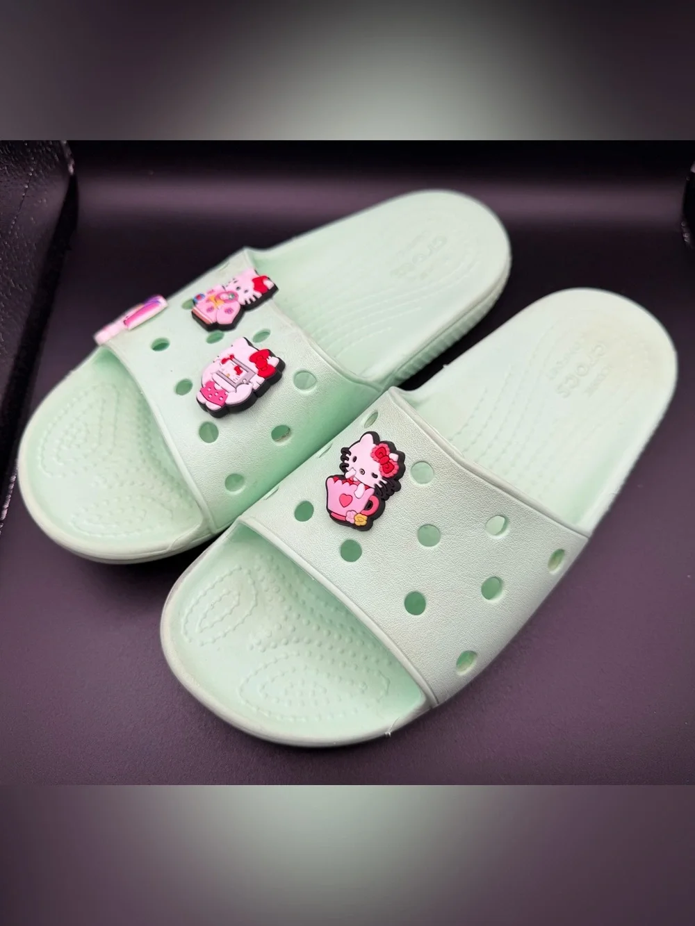 CROCS Kids Light Mint Green Slide Sandals with Hello Kitty Charm Size 2